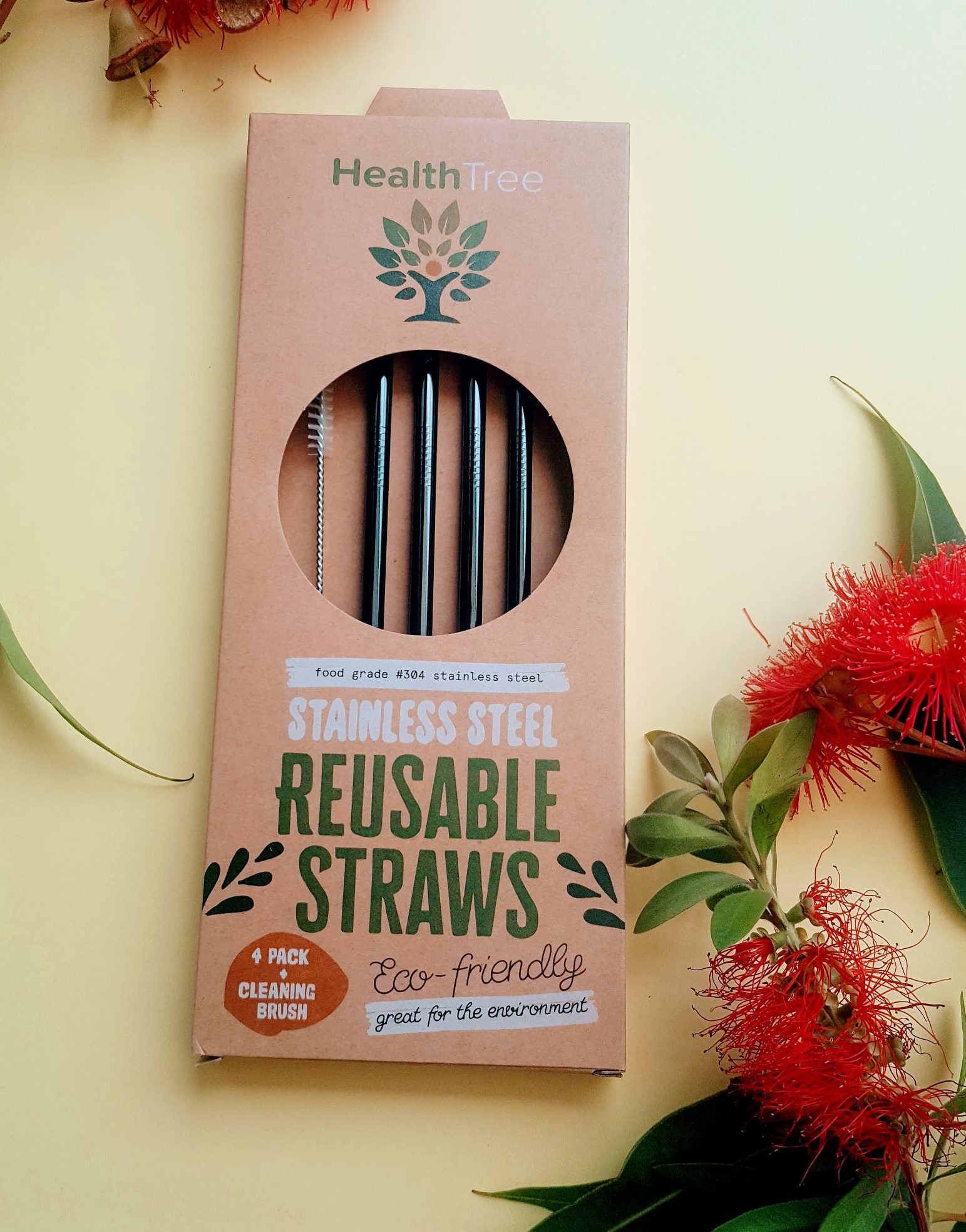 HEALTHTREE Black Stainless Steel Reusable Straws 4 Pack + Cleaning Brush